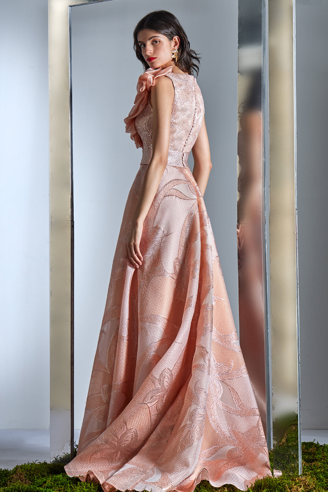 V-Neck A-Line Dress with 3D Floral Rosette Shoulder