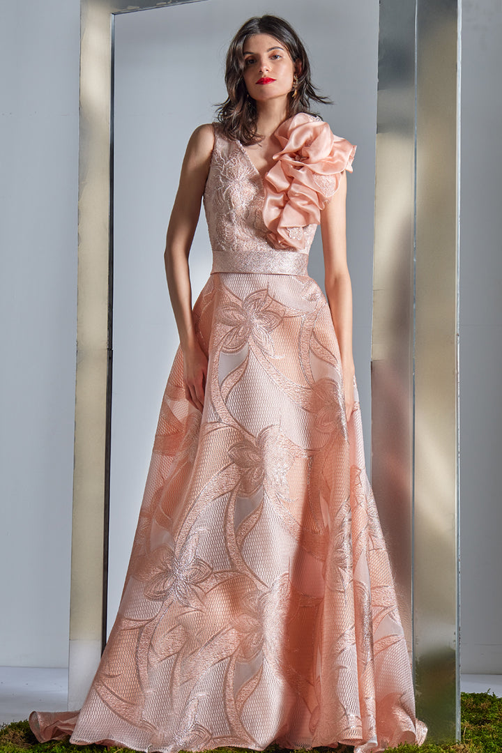 V-Neck A-Line Dress with 3D Floral Rosette Shoulder