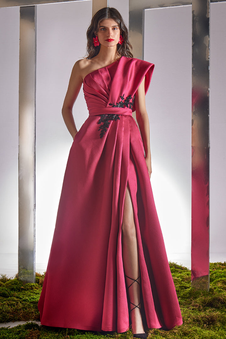 Pleated Lace Appliqué A-Line Dress