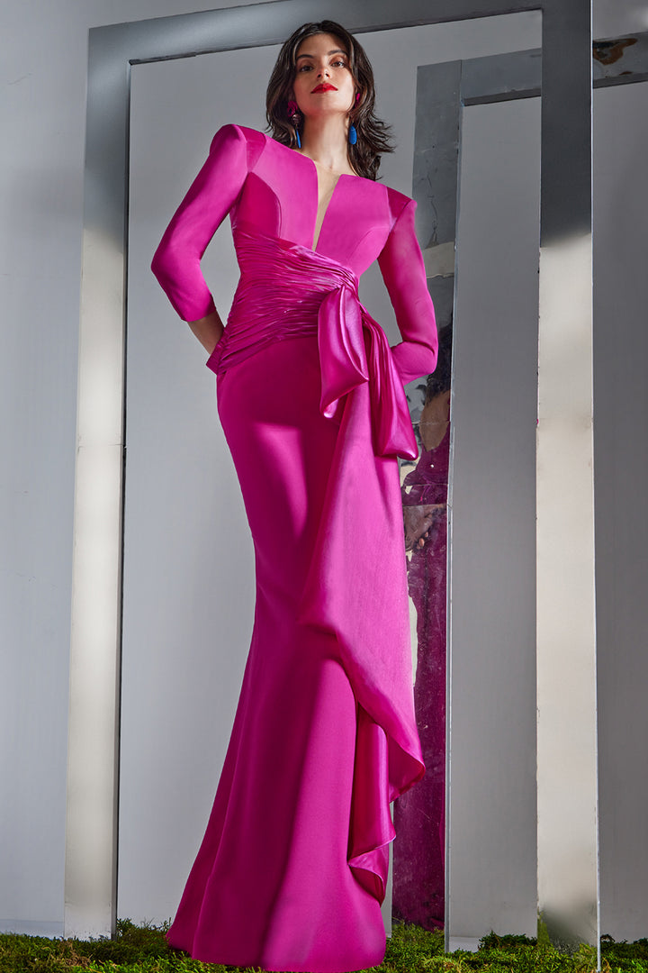 Plunge Neck Column Dress with Structured Shoulders
