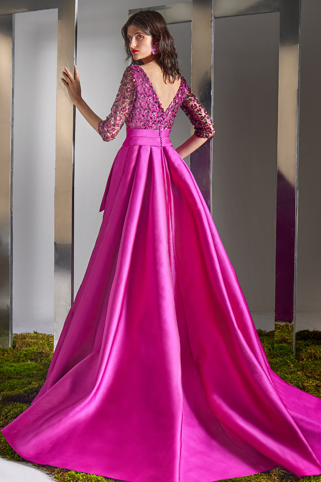 V-Neck Sequin Embellished Bow Overskirt Column Dress