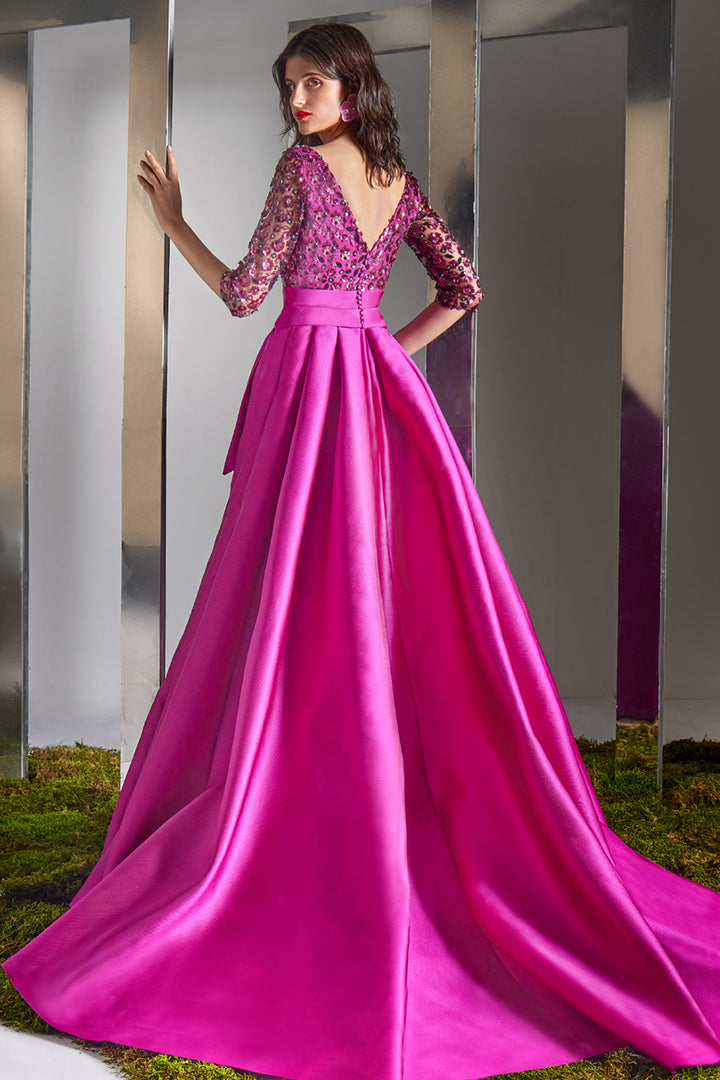 V-Neck Sequin Embellished Bow Overskirt Column Dress