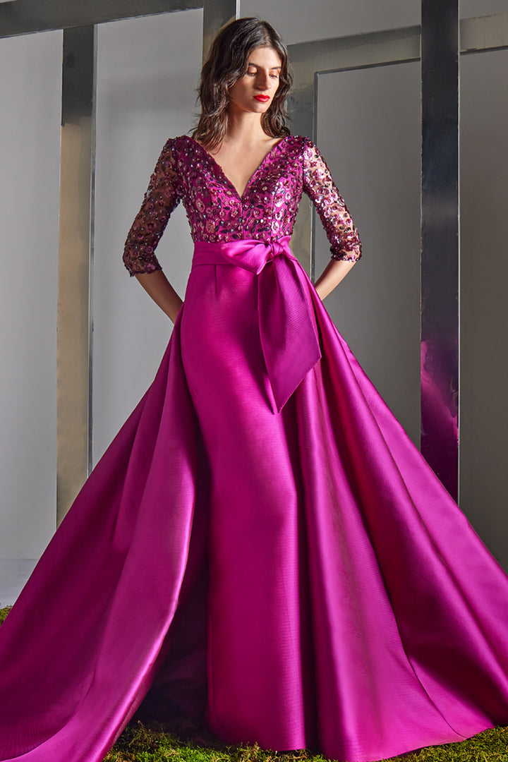 V-Neck Sequin Embellished Bow Overskirt Column Dress