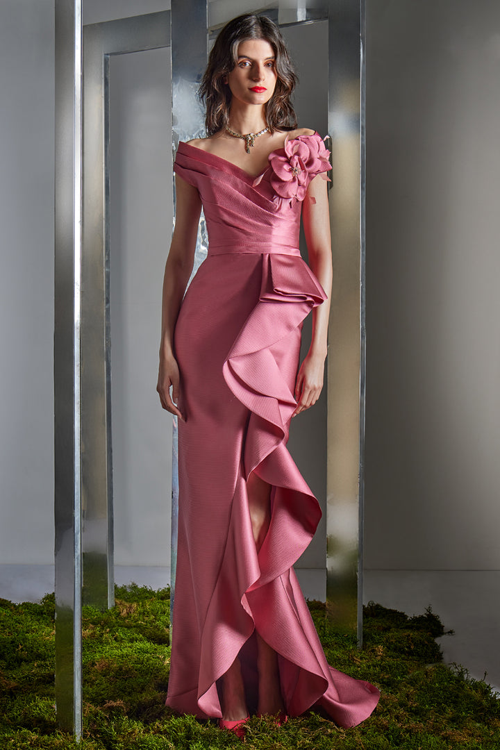 Floral Appliqué Ruffle with Column Dress