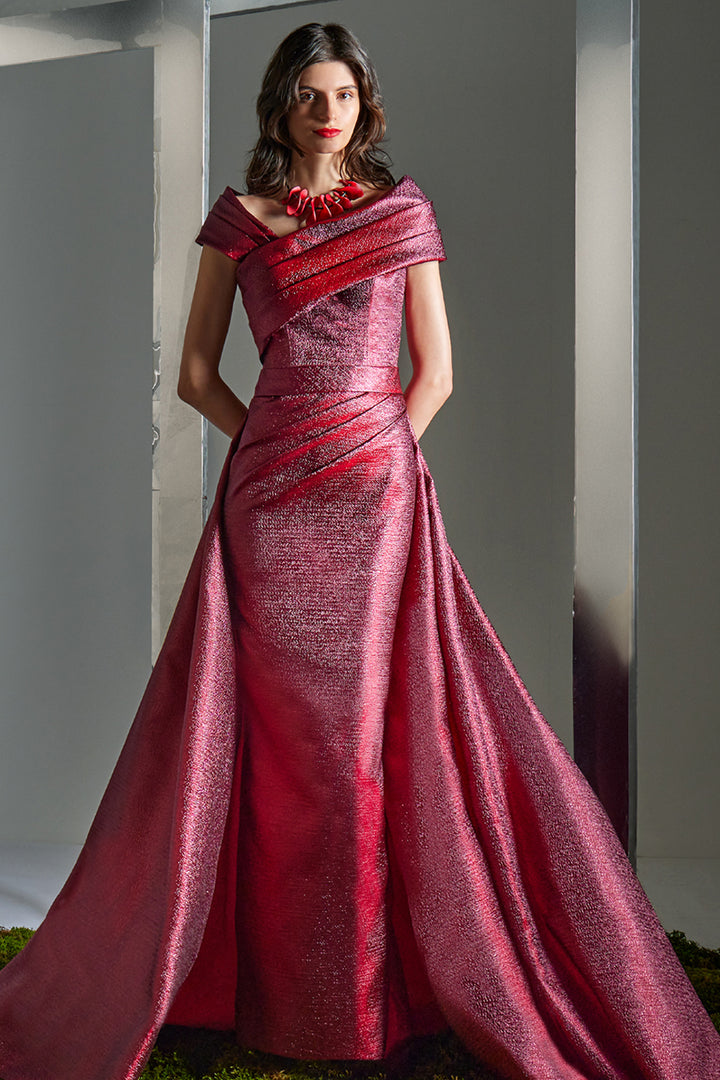 Pleated Off-The-Shoulder with Column Dress
