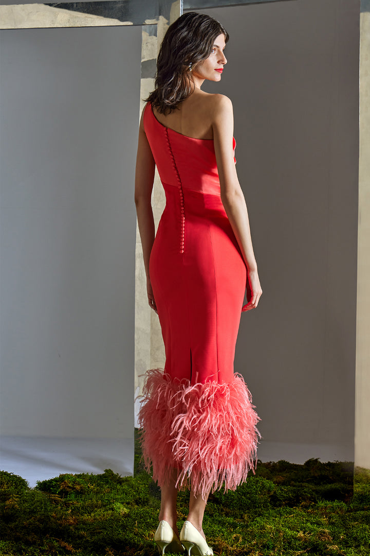 Asymmetric One Shoulder Draped Midi Dress