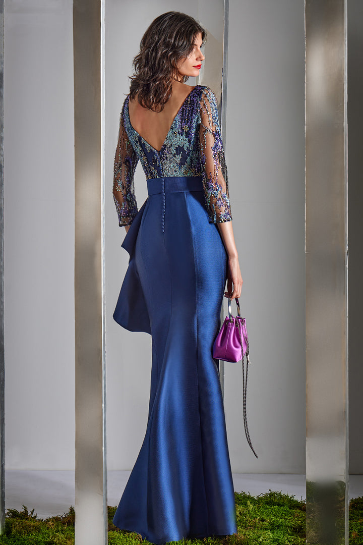 Embellished Illusion with Long Sleeve Column Dress