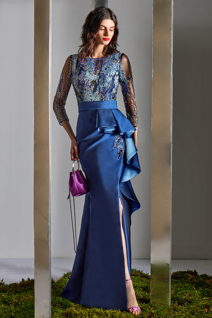 Embellished Illusion with Long Sleeve Column Dress
