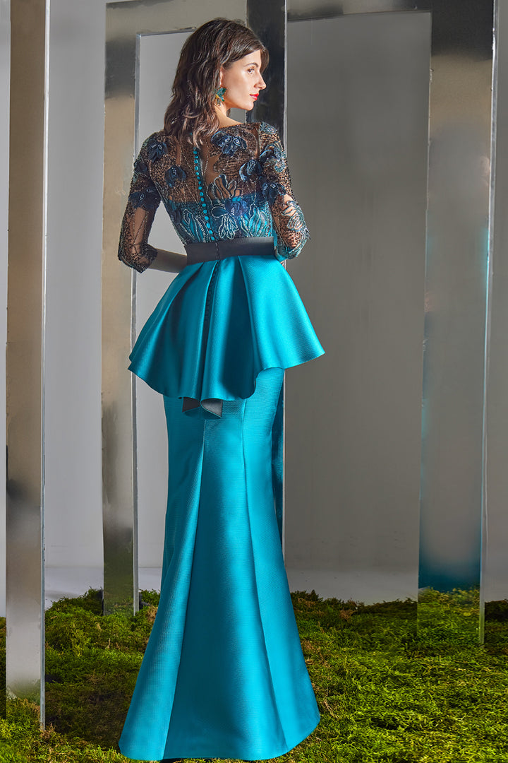 Beaded Illusion Peplum with Column Dress