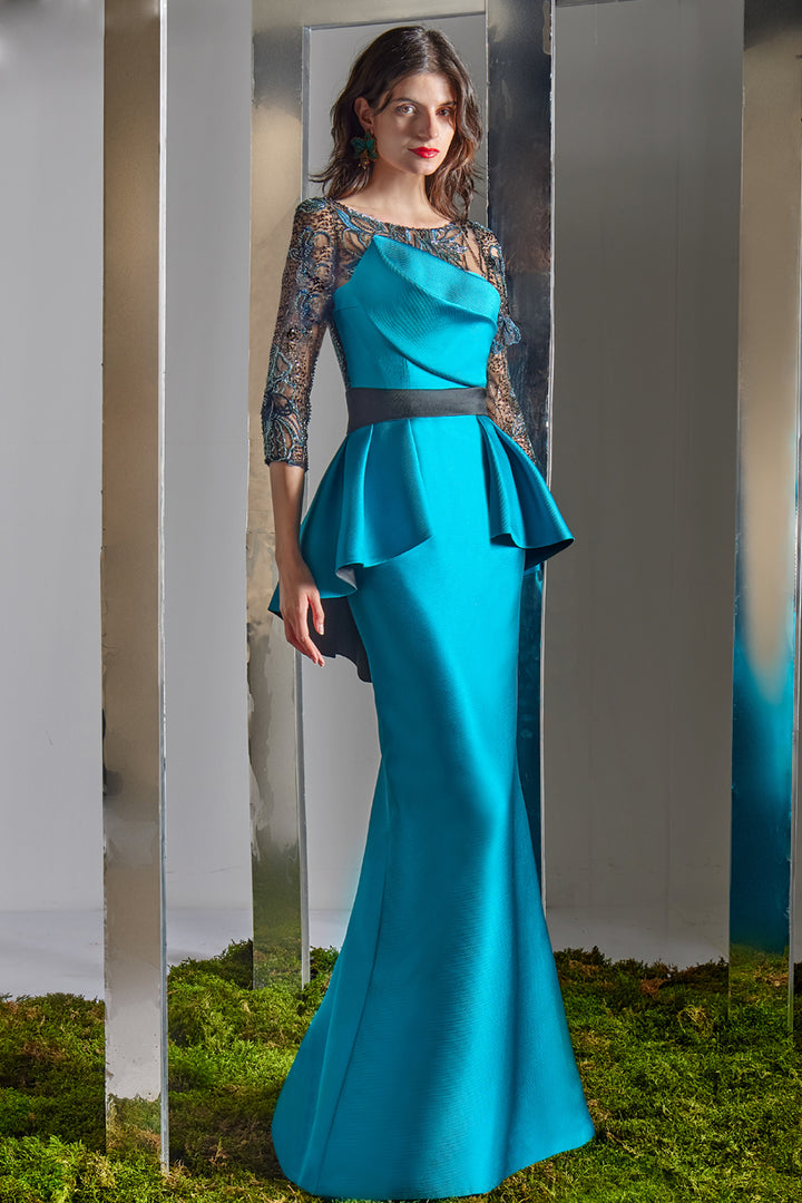 Beaded Illusion Peplum with Column Dress