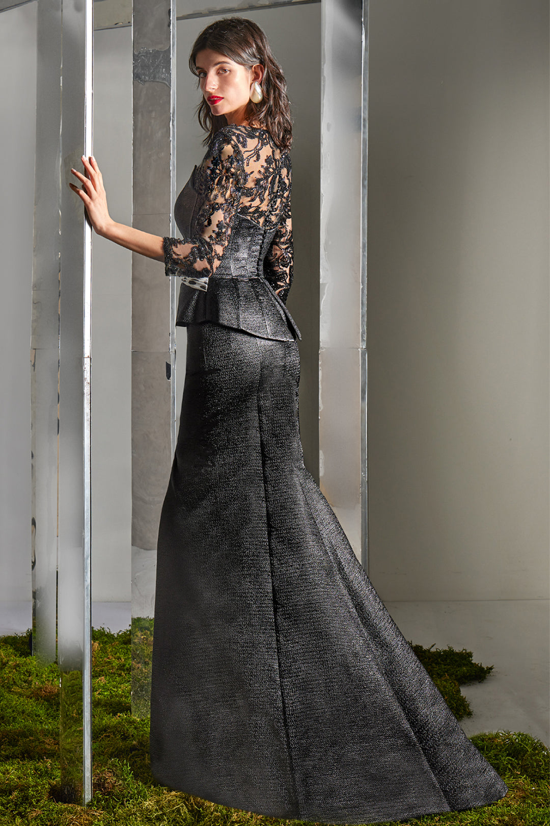 Sheer Embroidered with Long Sleeve Peplum Dress