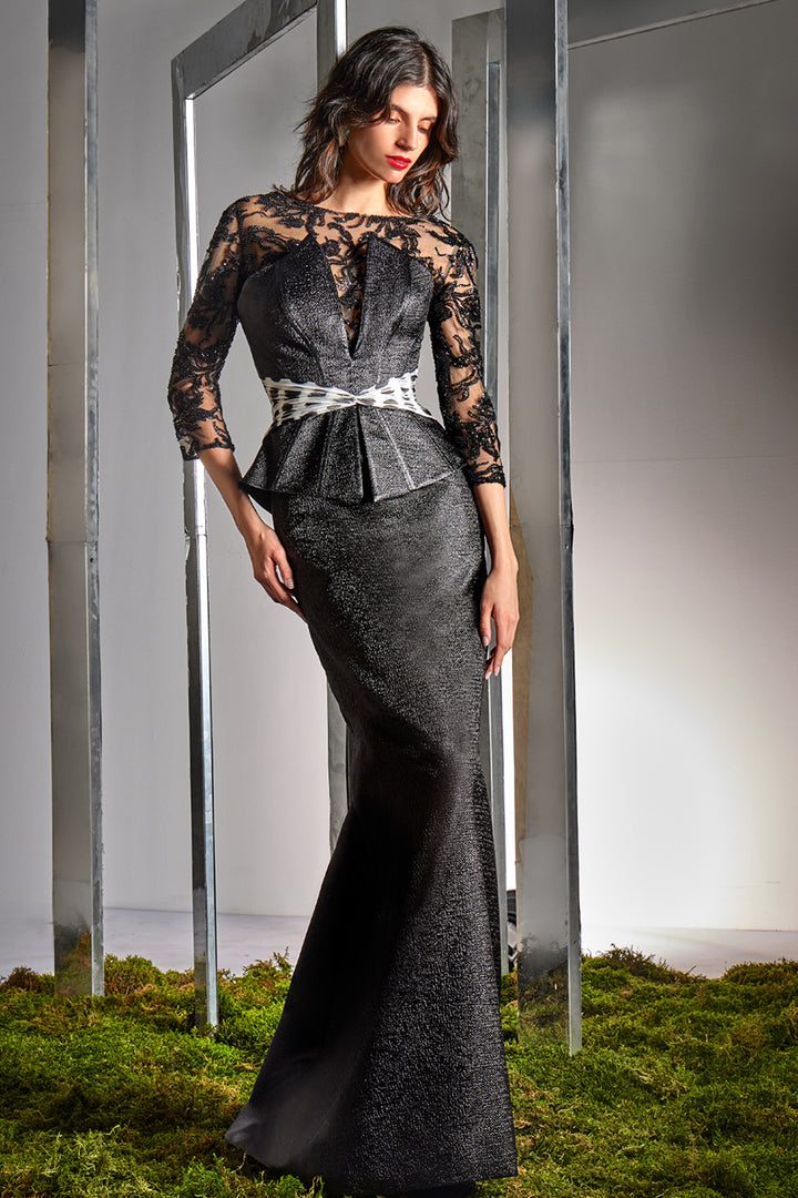 Sheer Embroidered with Long Sleeve Peplum Dress