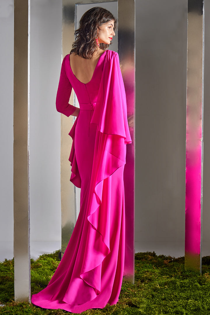 Notched V-Neck with Peplum Cape Dress