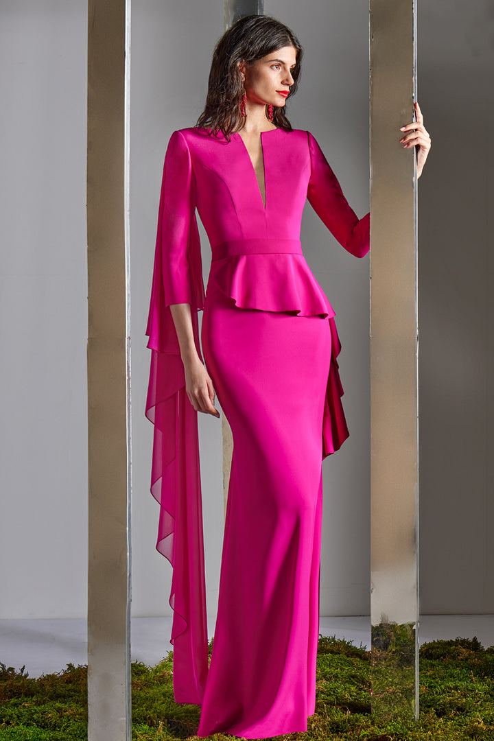 Notched V-Neck with Peplum Cape Dress