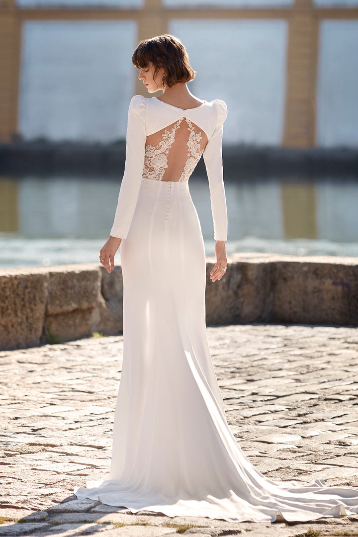 Off-White Plunging Neckline Crepe Wedding Dress