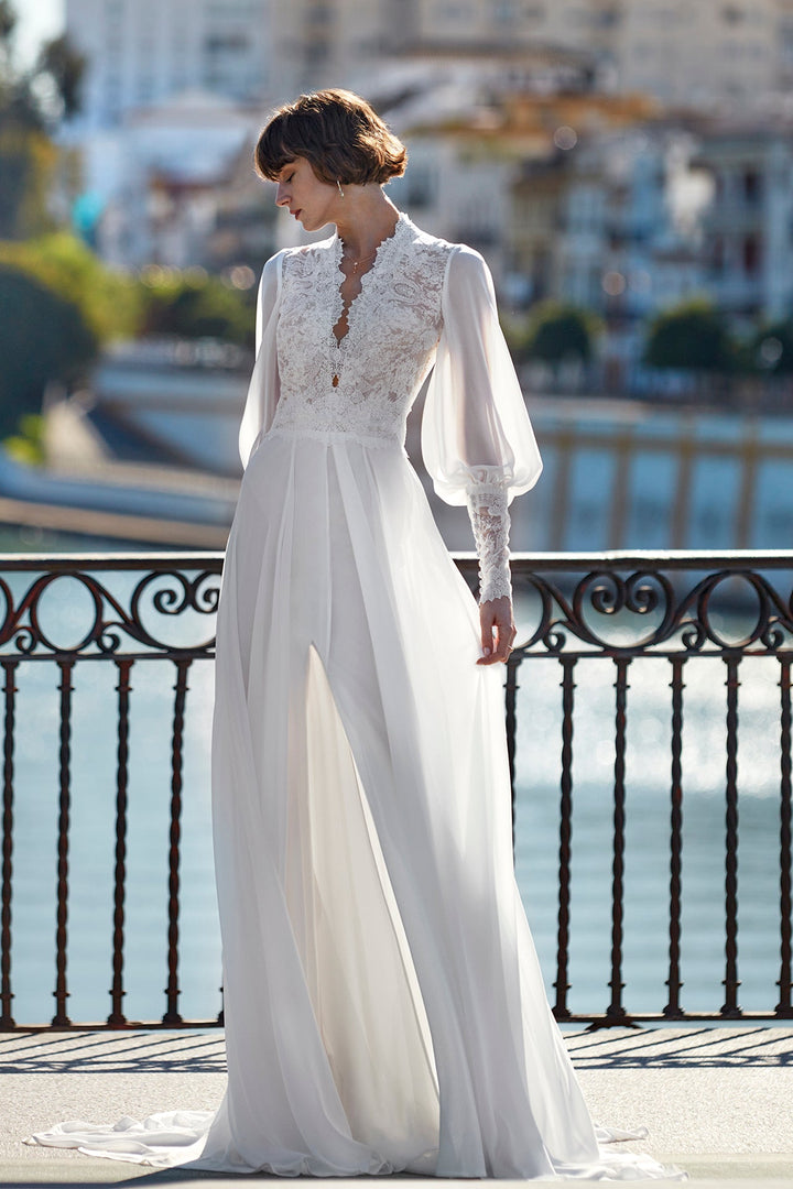 Long Sleeve Lace Bodice Wedding Dress