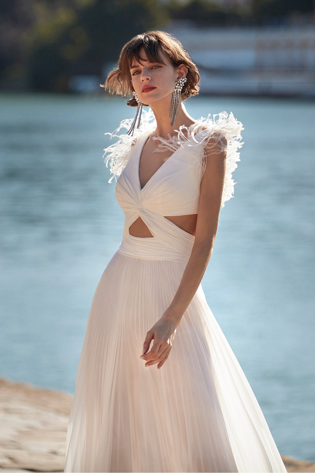 Sleeveless A-Line Wedding Dress With Feathers