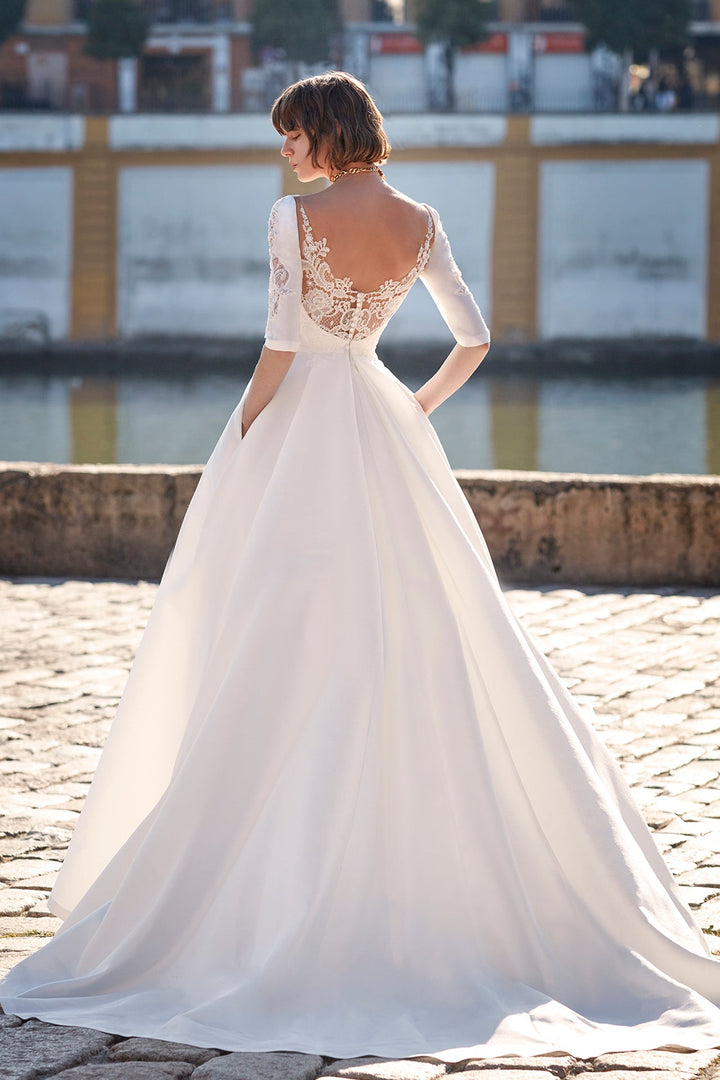 Off-White Plunging Neckline Mikado Wedding Dress