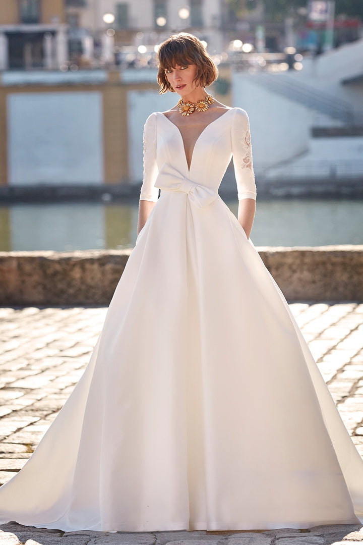 Off-White Plunging Neckline Mikado Wedding Dress