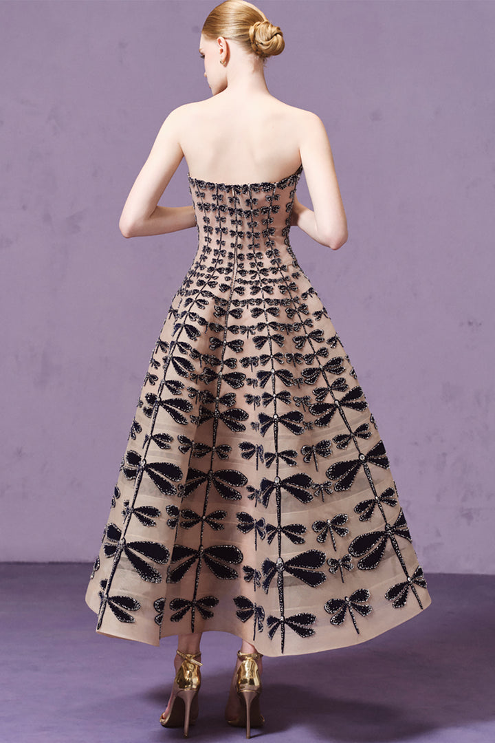 Strapless Velvet Dragonfly Embellished Midi Dress