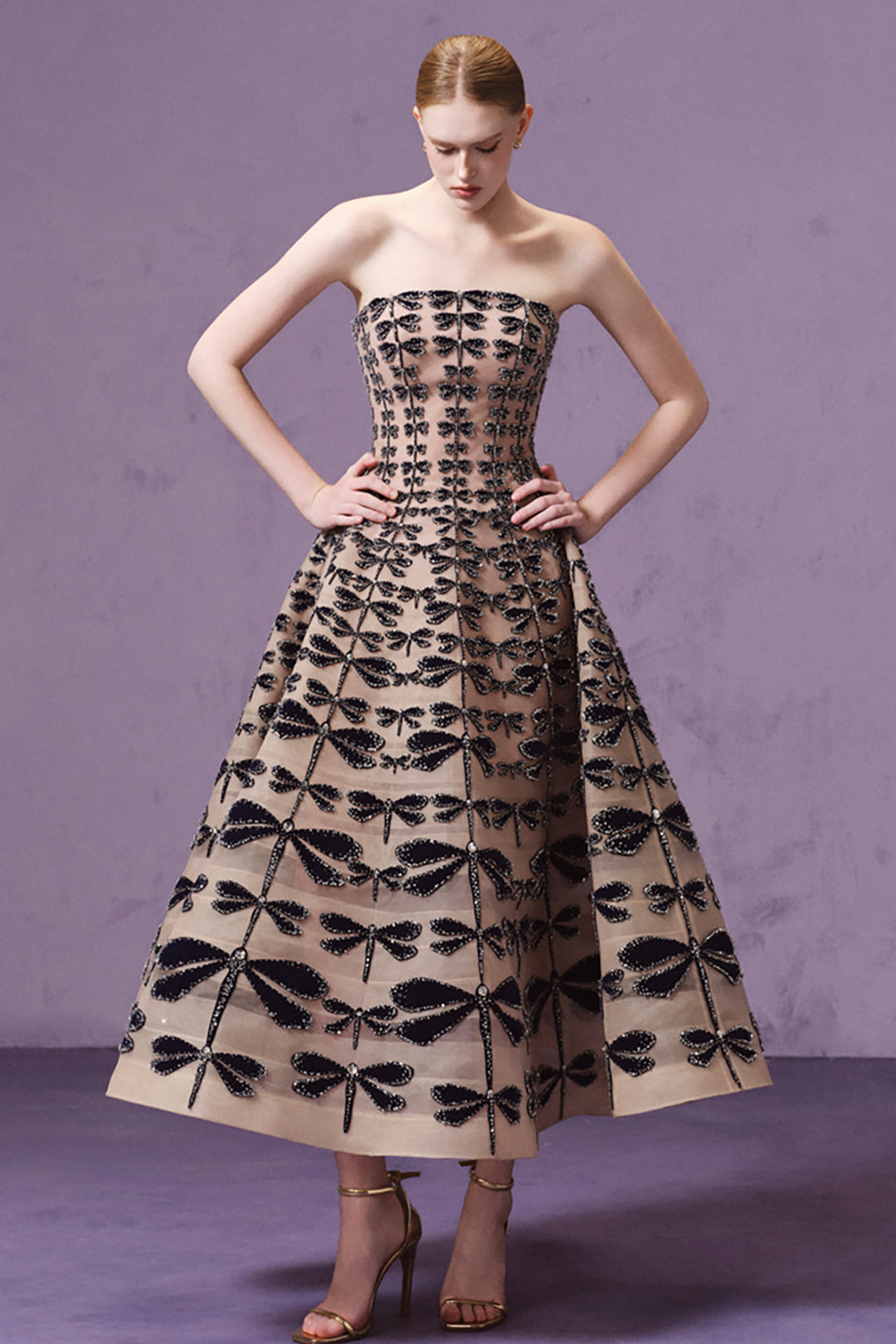 Strapless Velvet Dragonfly Embellished Midi Dress