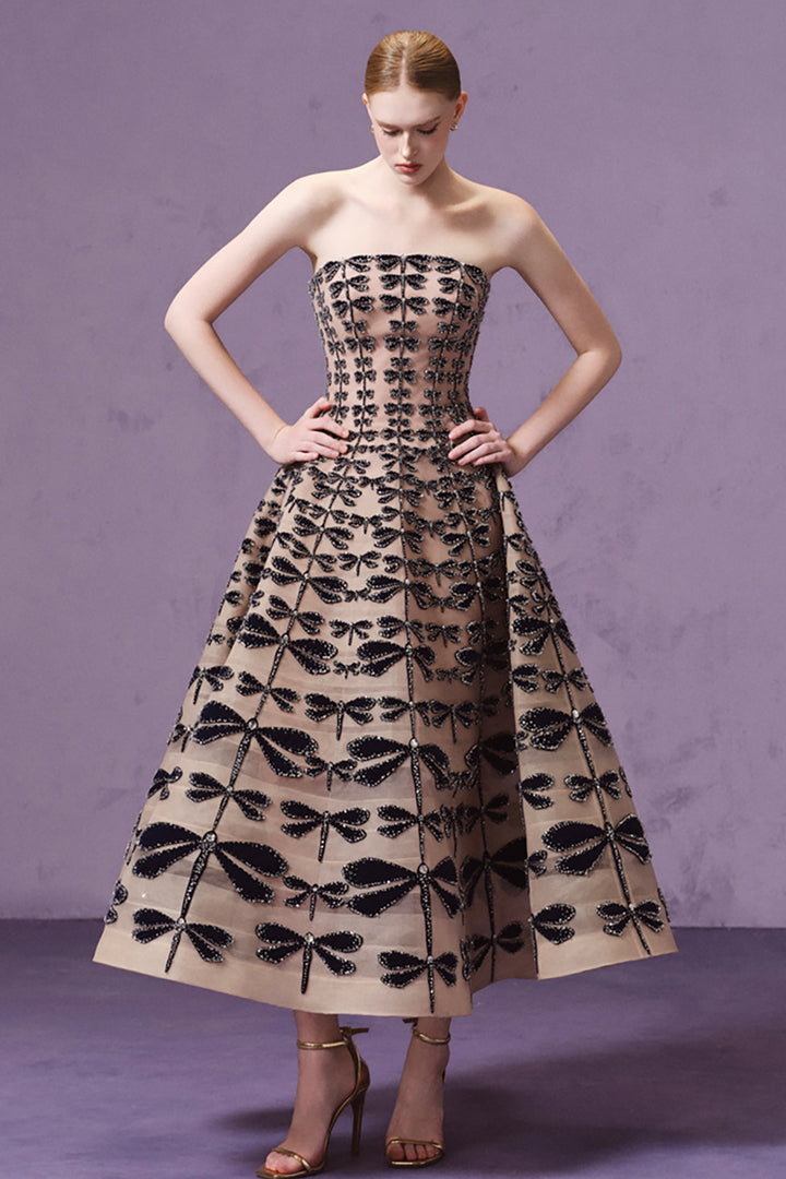Strapless Velvet Dragonfly Embellished Midi Dress