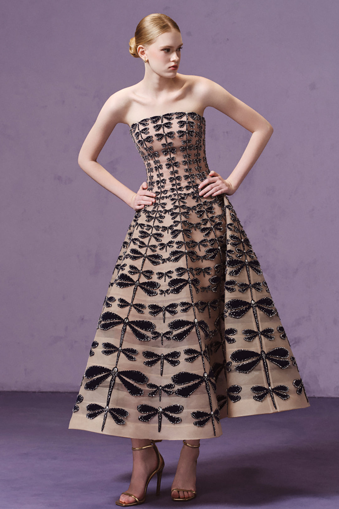 Strapless Velvet Dragonfly Embellished Midi Dress