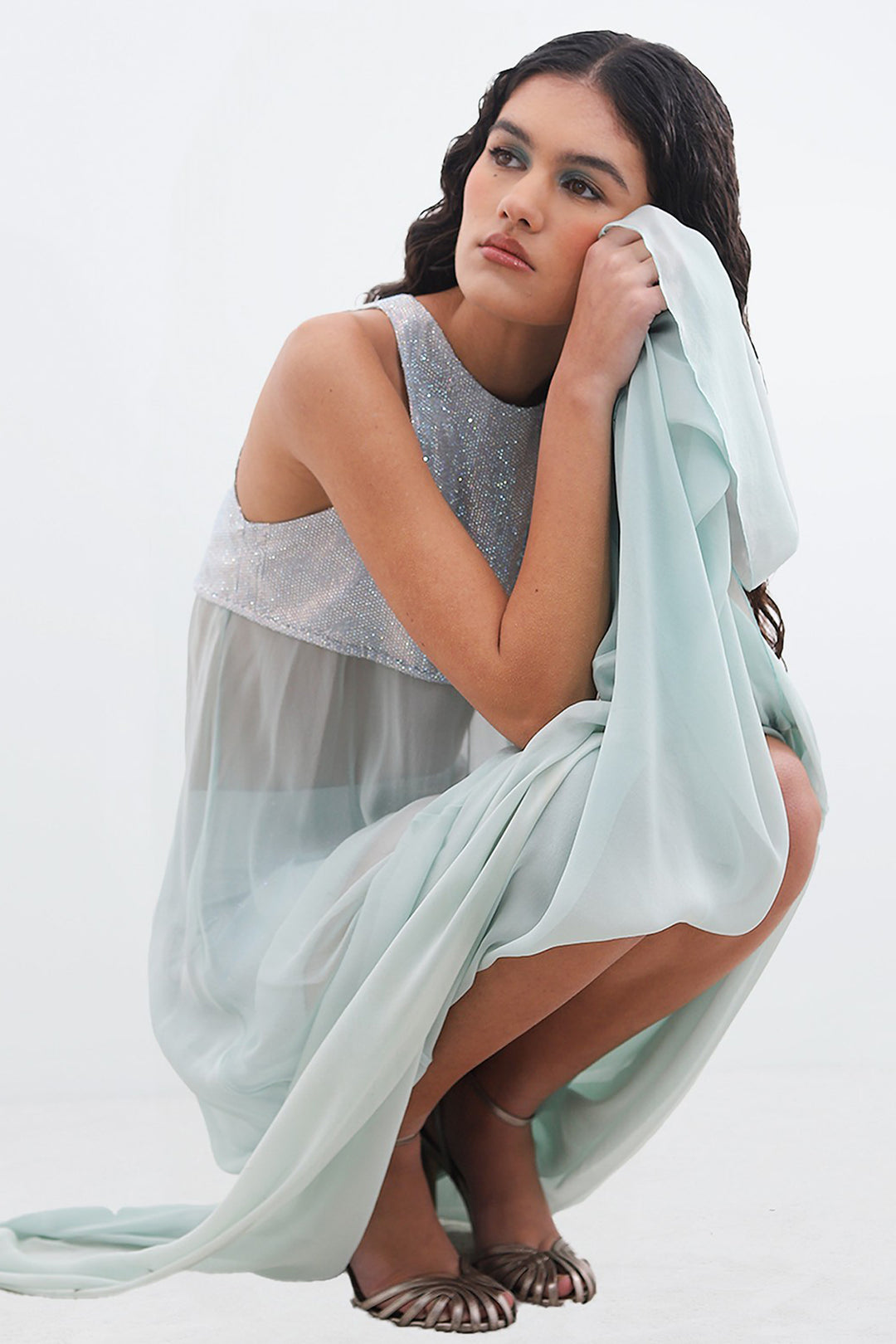 Long Dress with Crystalline Chest Embellishments