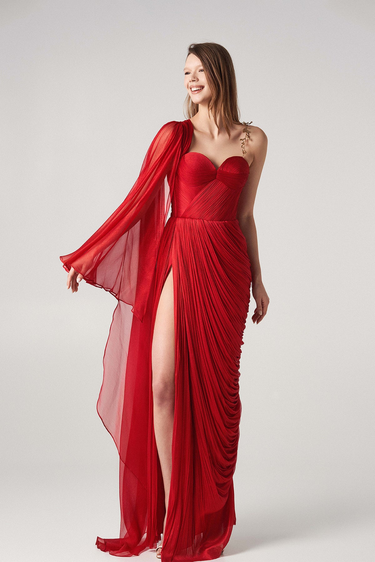 One-Shoulder Embroidered Dress Red / FR 38 One-Shoulder Embroidered Dress Red / FR 38