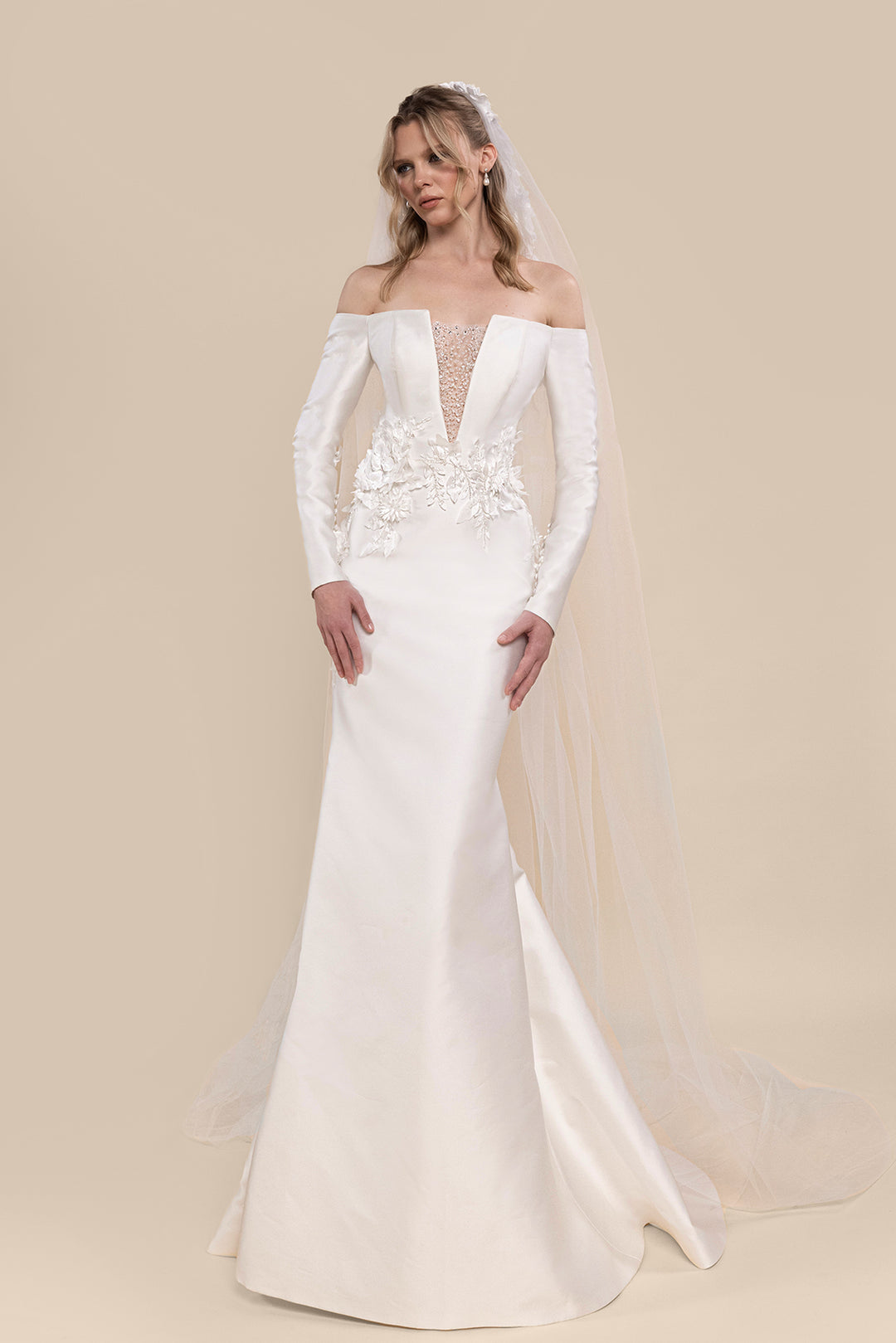Off-The-Shoulder Bridal Dress with Sheer Mesh Insert M.R DESIGN Off-The-Shoulder Bridal Dress with Sheer Mesh Insert M.R DESIGN