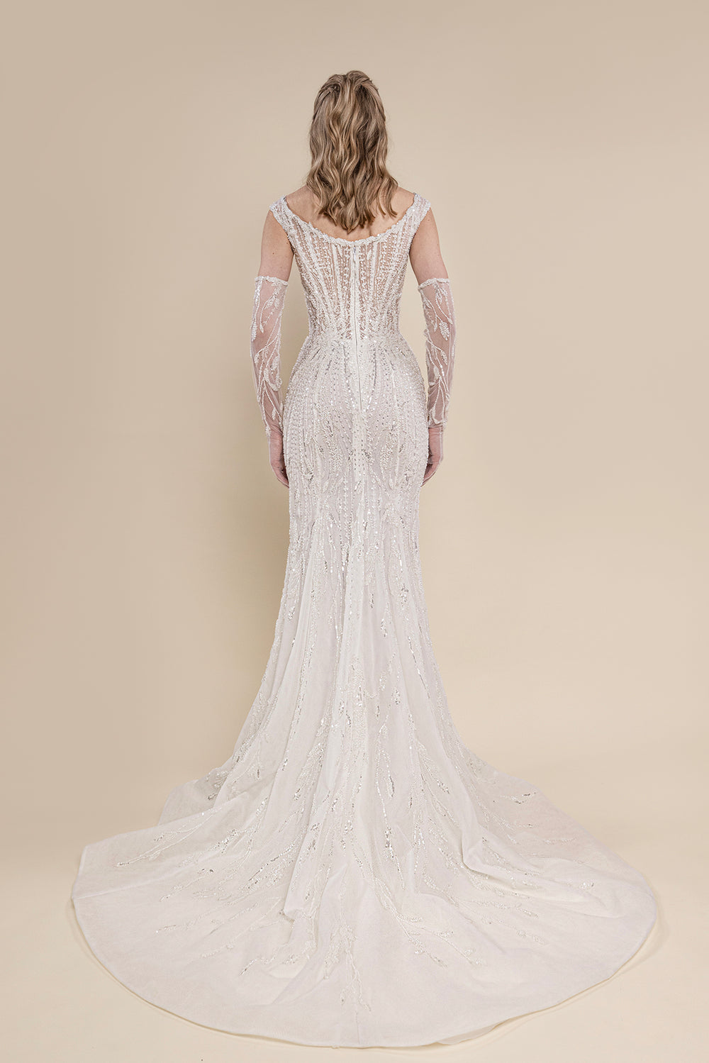 Bridal Dress with V-Neckline, Beaded Vine Patterns, and Chapel Train M.R DESIGN Bridal Dress with V-Neckline, Beaded Vine Patterns, and Chapel Train M.R DESIGN