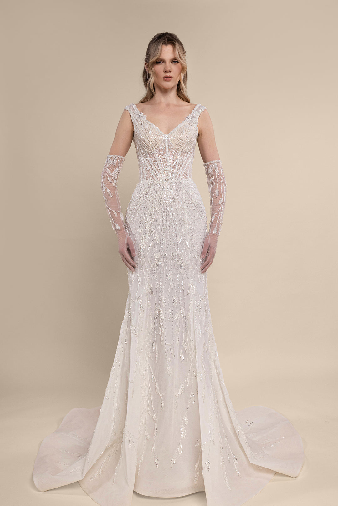 Bridal Dress with V-Neckline, Beaded Vine Patterns, and Chapel Train – M.R DESIGN Bridal Dress with V-Neckline, Beaded Vine Patterns, and Chapel Train – M.R DESIGN