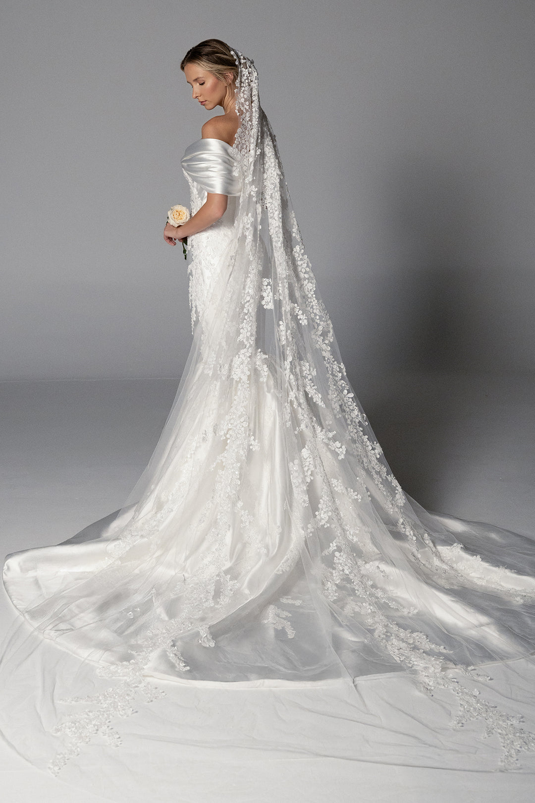 Mikado Gown with Draped Bodice and Broderie Motif