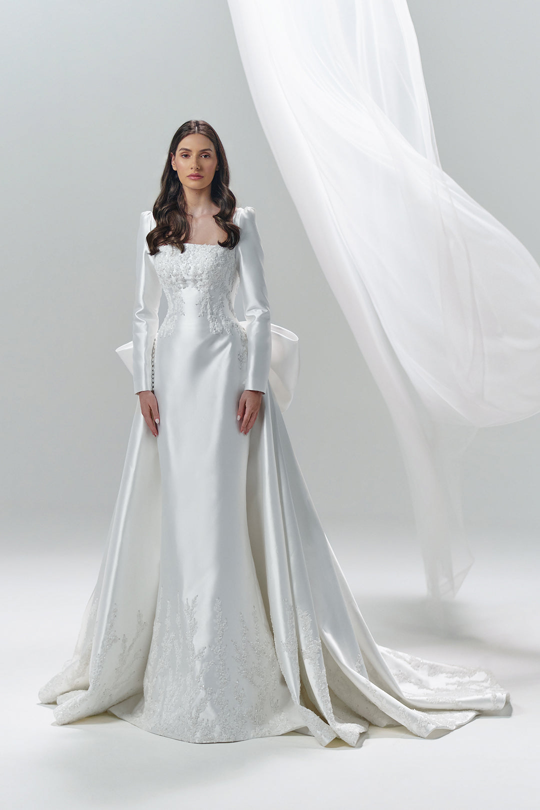 mikado long sleeve wedding dress Modern Mikado Fit-and-Flare Wedding Dress with Detachable Overskirt and Bow Details