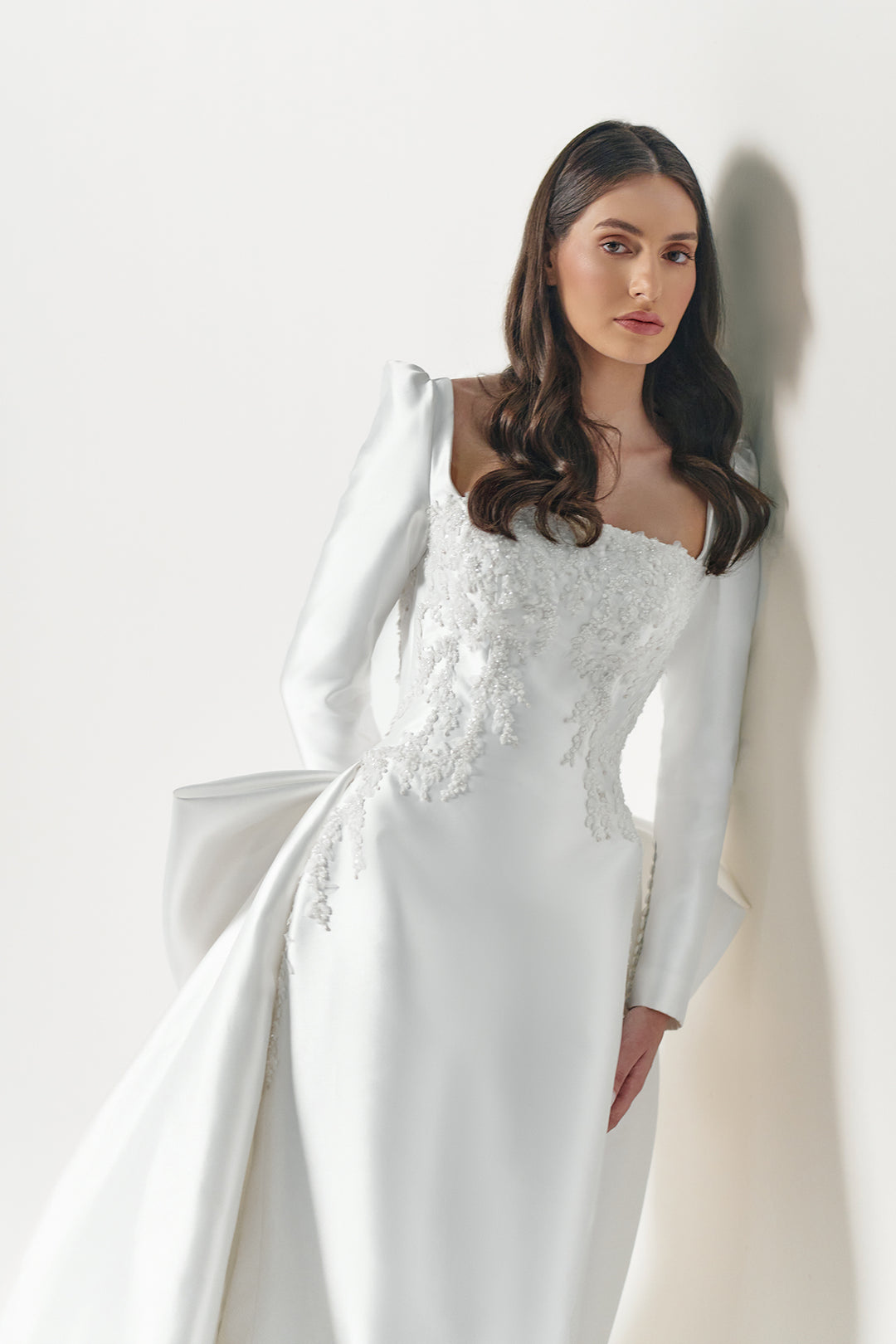 Mikado Gown with Lace Appliqué and Embroidered Veil