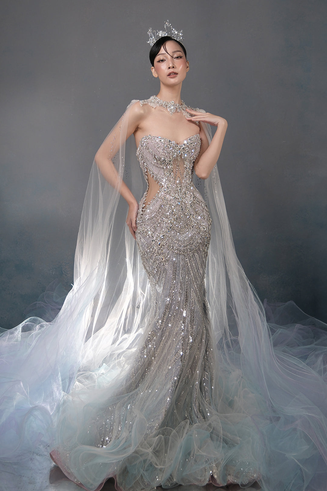 Crystal Mermaid Dress with Cape Silver / FR 48 Crystal Mermaid Dress with Cape Silver / FR 48