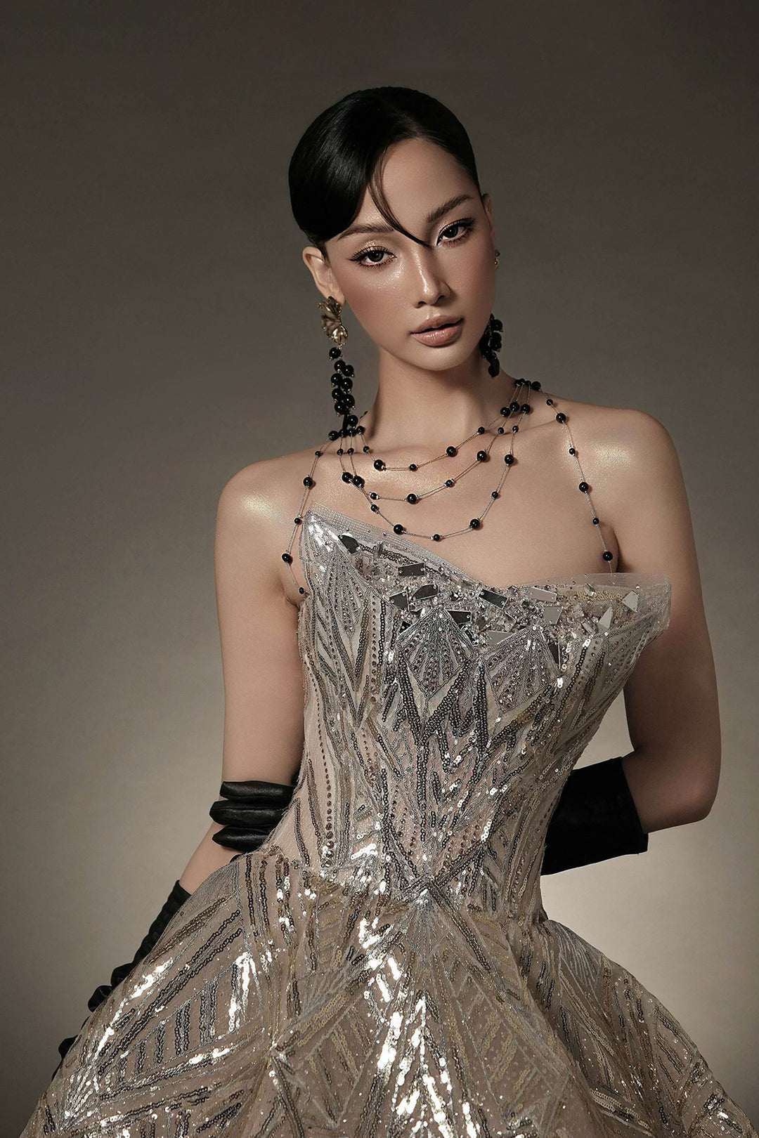 new crystal a line dresses Crystal A-Line Dress with Embellished Bodice Gold / FR 36