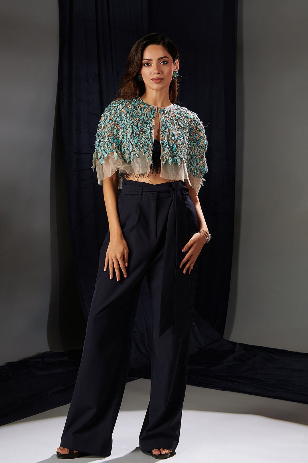 Embroidered Mesh Two-Piece with Trousers