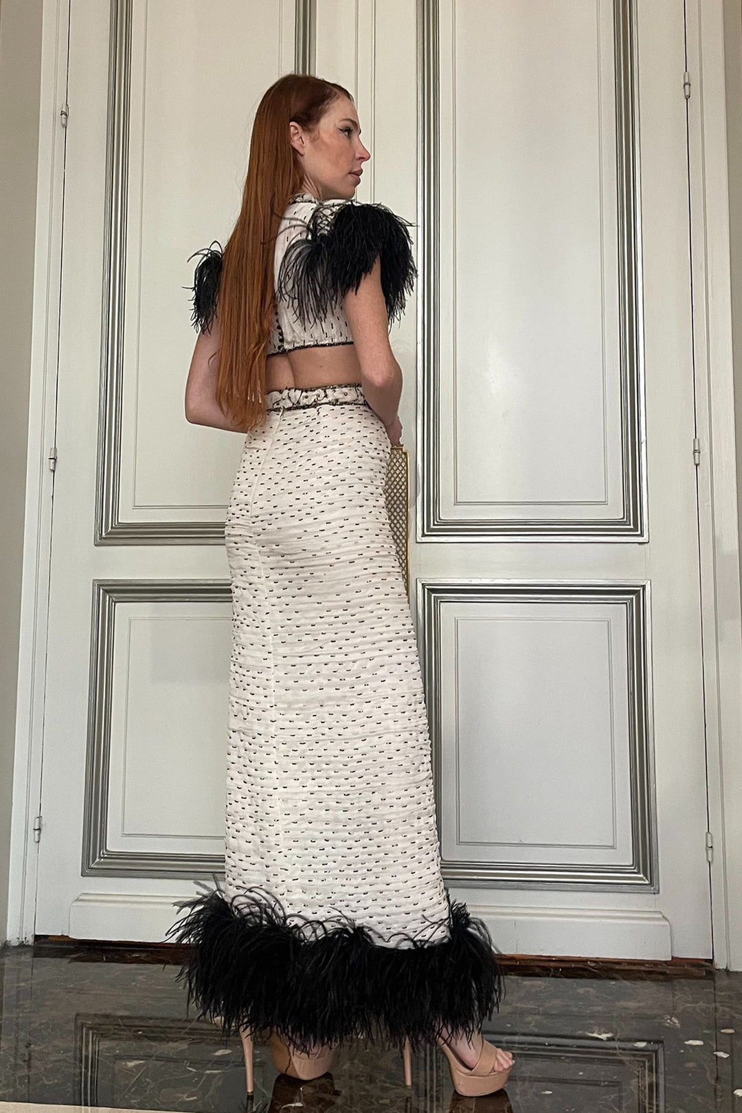 Crop Top with Column Skirt and Feathers