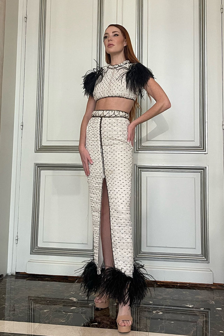 Crop Top with Column Skirt and Feathers