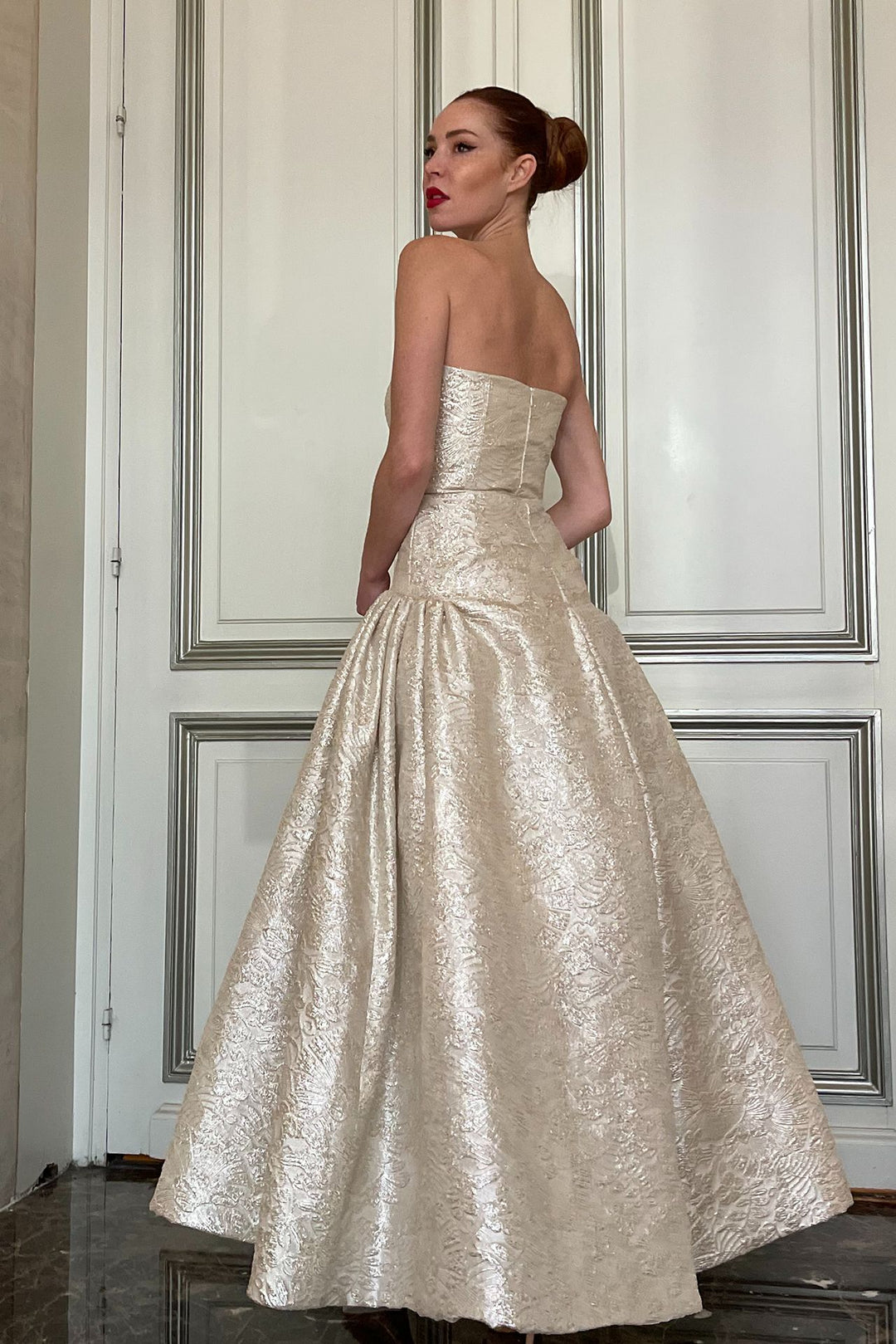 Brocade Strapless Princess-Cut Dress Champagne / FR 38 Brocade Strapless Princess-Cut Dress Champagne / FR 38
