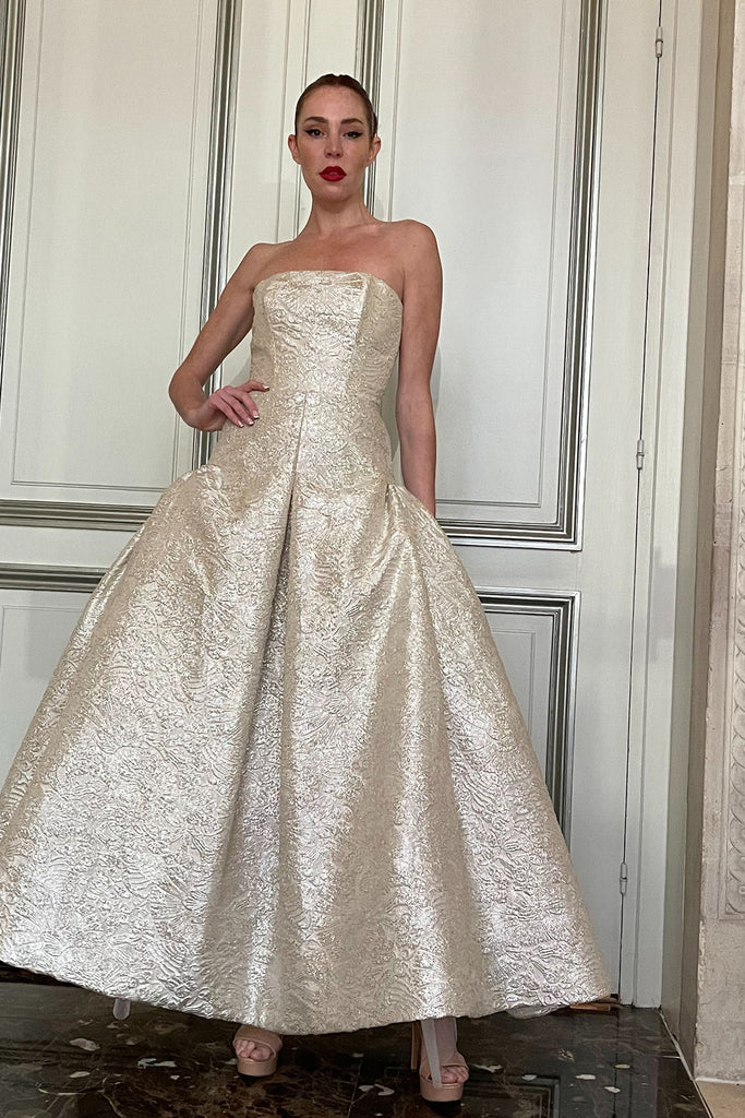 Brocade Strapless Princess-Cut Dress Champagne / FR 50