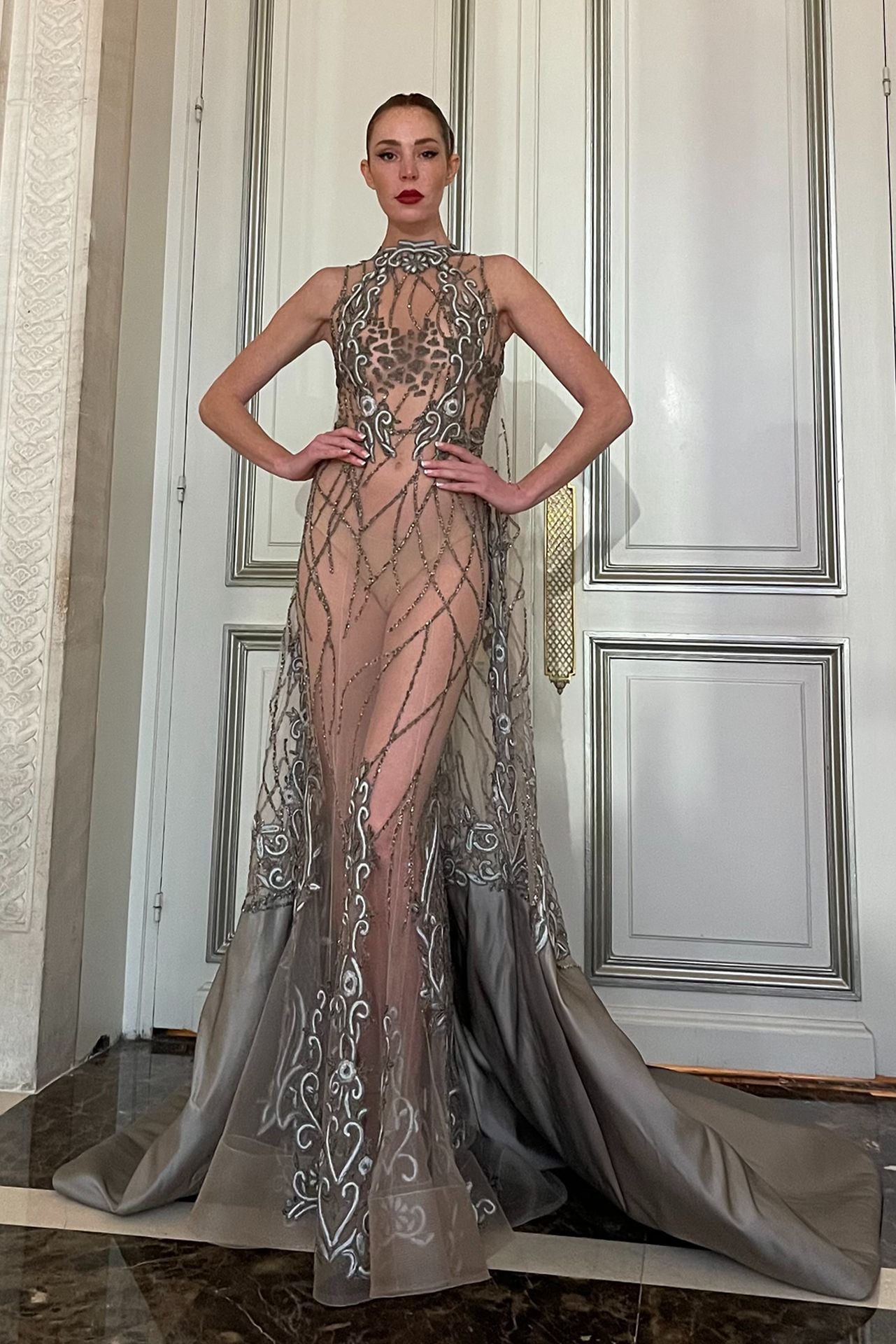 See Through Embroidered Mermaid Dress with Cape