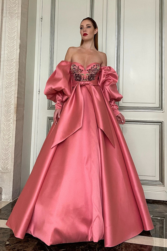 princess dress design Satin off-The-Shoulder Pink / FR 38 The tulle dress used Size:Small 3/4 Floral Cap Sleeve Maxi Fabric: Tulle