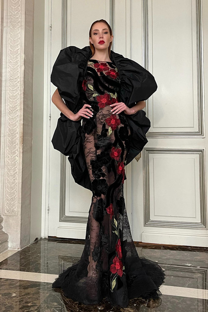 Embroidered Tulle and Organza Dress with Taffeta Shawl Multi / FR 40