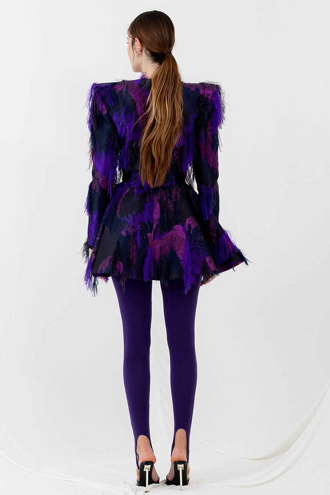 Printed Blazer with Feathers and Fuseau Leggings