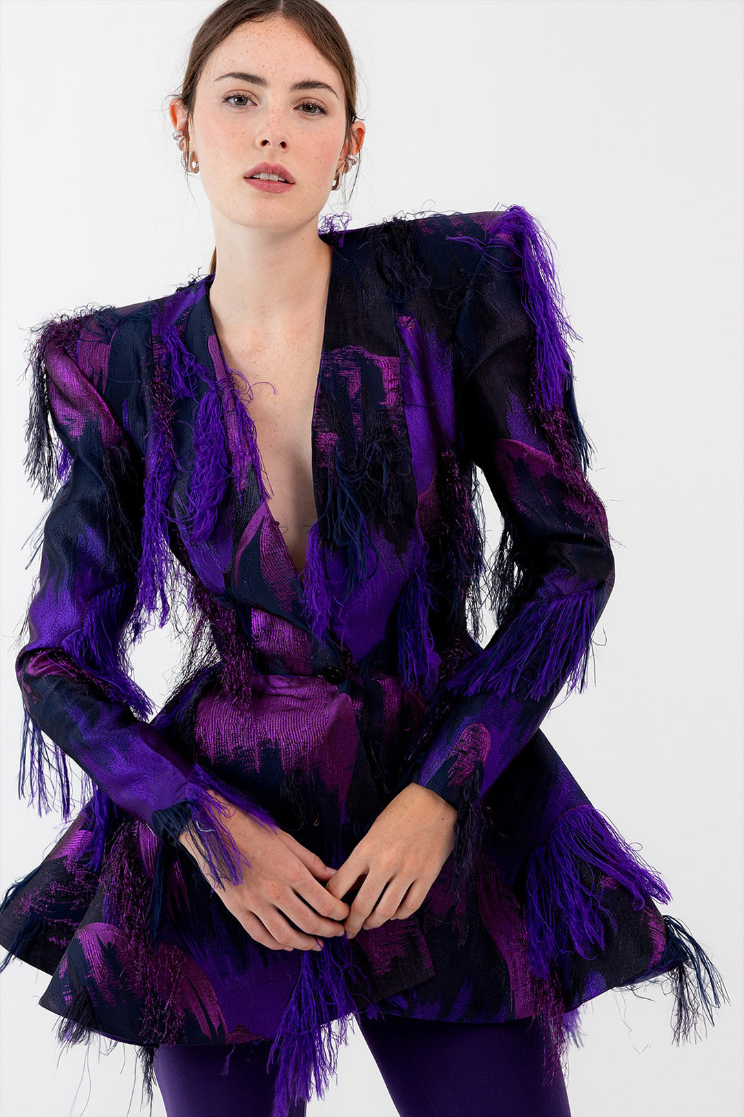 Printed Blazer with Feathers and Fuseau Leggings
