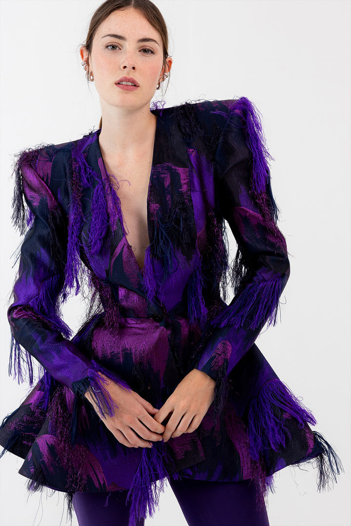 Printed Blazer with Feathers and Fuseau Leggings
