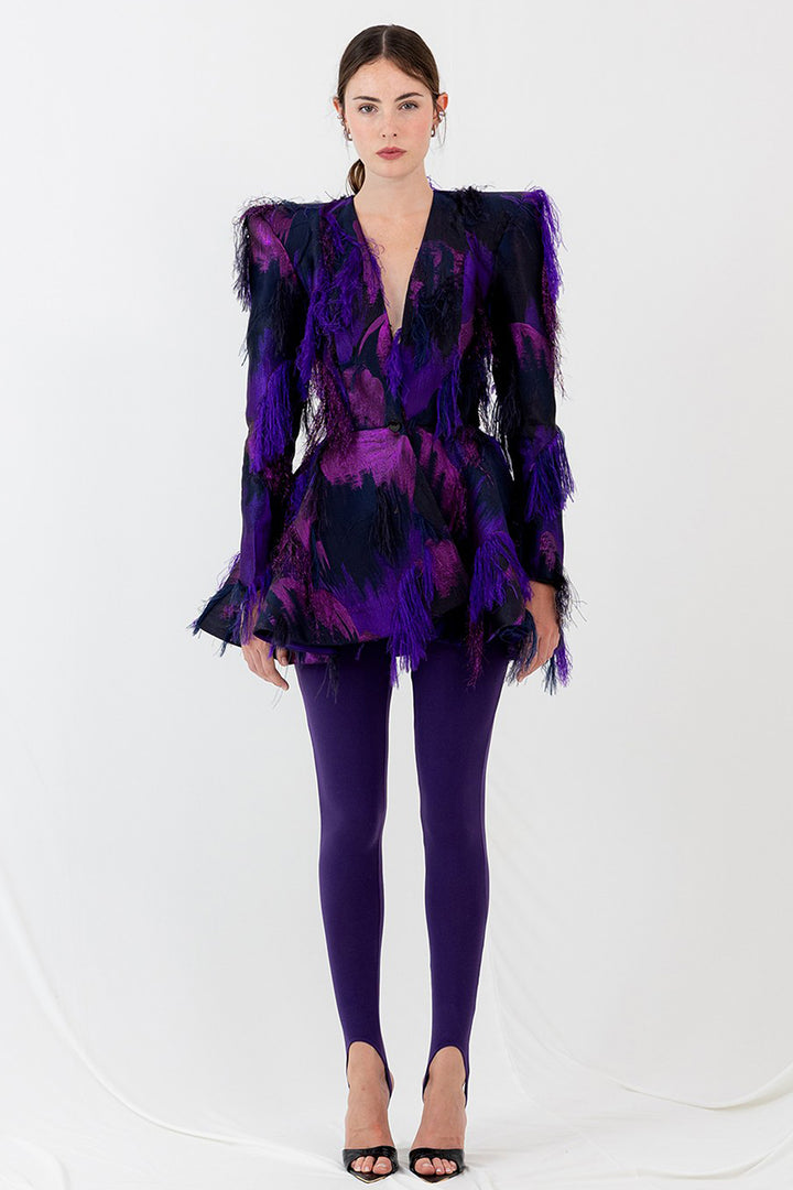 Printed Blazer with Feathers and Fuseau Leggings