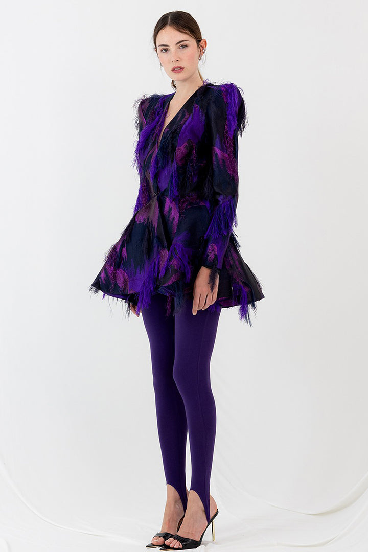 Printed Blazer with Feathers and Fuseau Leggings